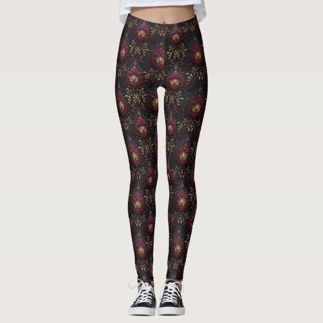 Leggings Élégance de damas or burgonde (Devant)