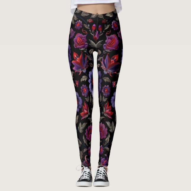 Leggings Élégance foncée : Motif floral noir et pourpre (Devant)