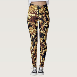 Leggings Elégance redéfinie : Noir et or Floral flamand
