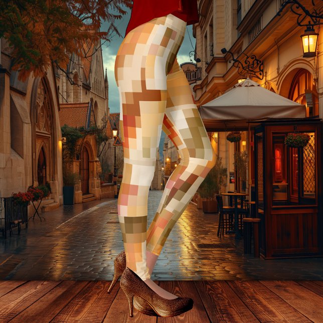 Leggings Elégant À damiers Abstrait Imaginaire Designer (Modern design leggings featuring an original abstract checkered pattern in warm autumn colors)