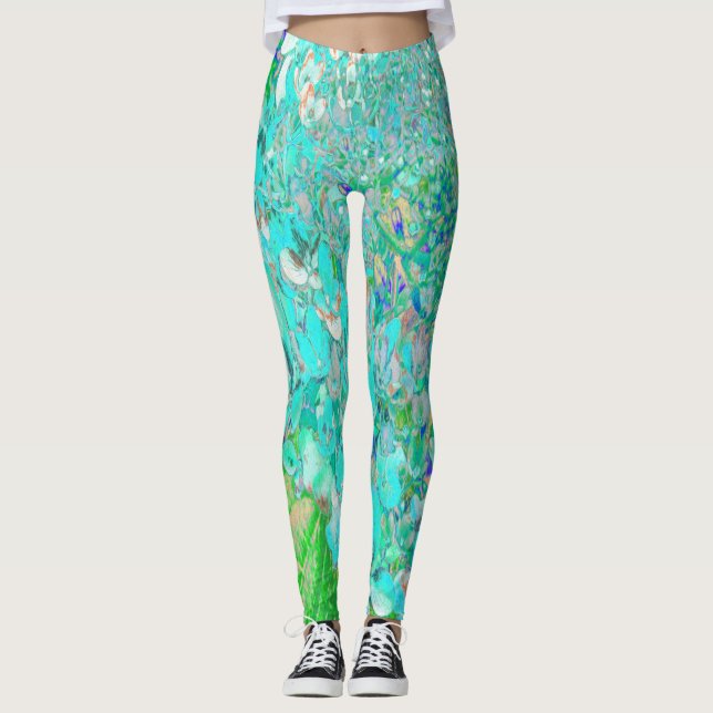 Leggings Elegant Aqua et Vert Limelight Hydrangea Détail (Devant)