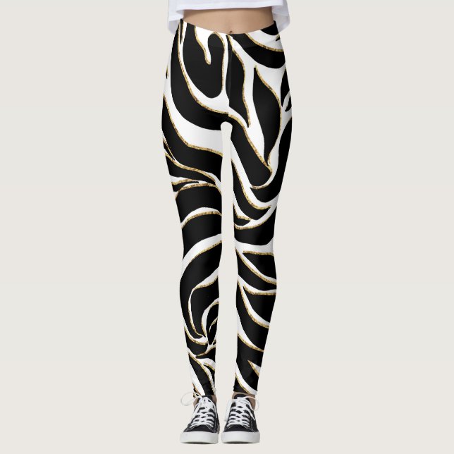 Leggings Elégant Black Gold Zebra Poster de animal blanc (Devant)