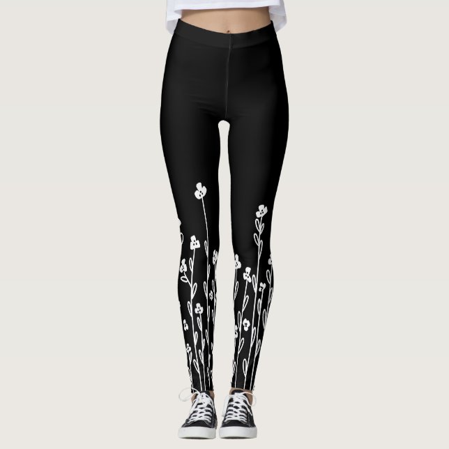 Leggings Elegant black white minimalist doodle floral (Devant)