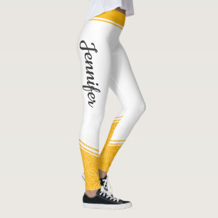 Leggings Elégant blanc jaune floral blanc rayures et nom