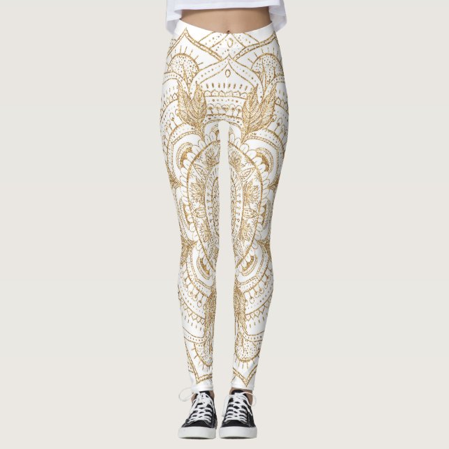Leggings Elégant blanc & or Mandala conception main dessiné (Devant)