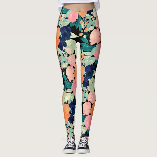 Leggings Elégant bleu rose orange Fleurs noir floral (Devant)