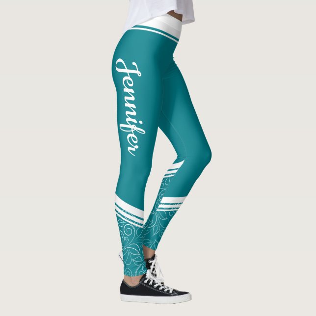 Leggings Elégant bleu turquoise rayures blanches fleuries e (Droite)