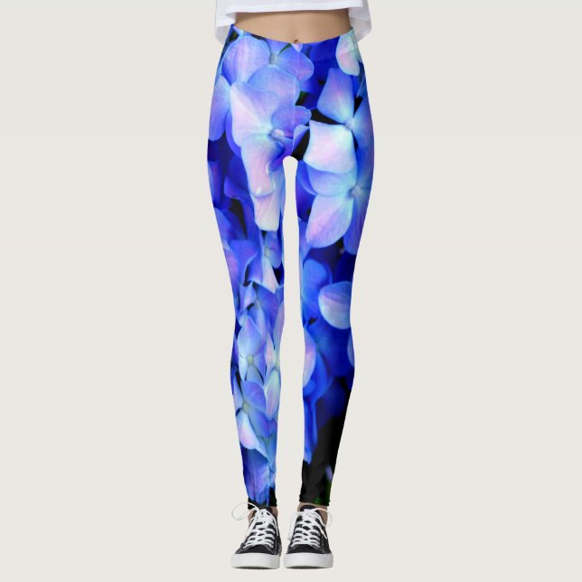 Leggings Élégant bleu violet clair magenta hydrangée floral (Devant)