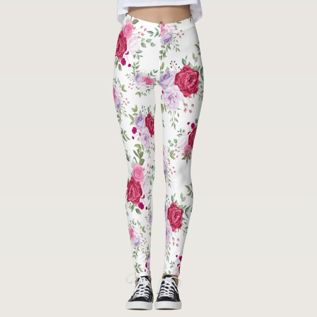 Leggings Elegant Burgundy & Lavender Floral Garden Pattern (Devant)