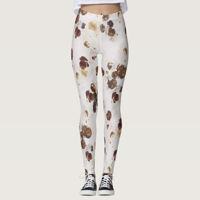 Leggings Elégant chic Beige Brown Rose Floral Toile (Devant)