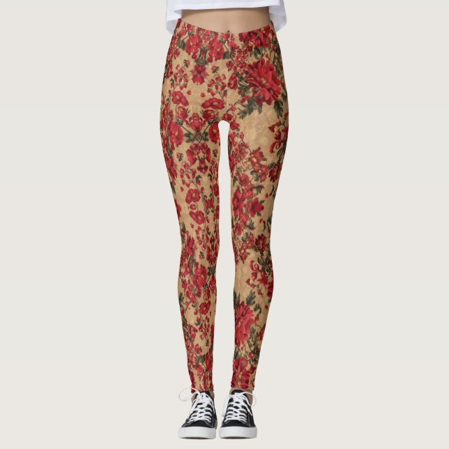 Leggings Élégant Crimson Floral | par Asarteon (Devant)