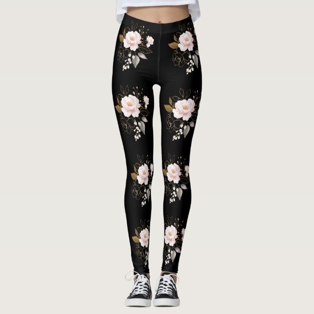 Leggings Elégant Delicate Rose Gold Flowers Motif noir (Devant)