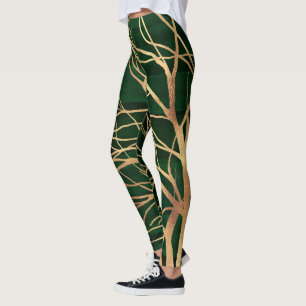 Leggings Elégant dessin d'arbre d'automne en or vert