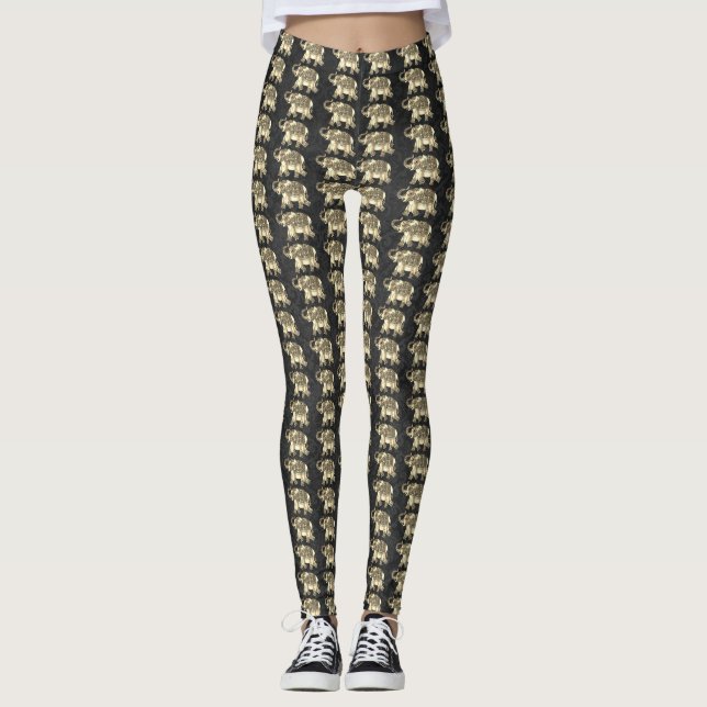 Leggings Elégant Eléphants Floraux Paisley Or, Damas Noir (Devant)