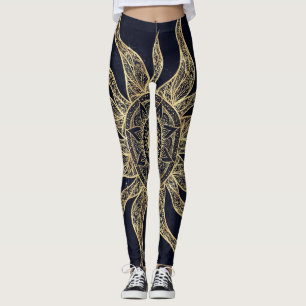 Leggings Elégant Gold Sun Mandala Blue Nebula Design