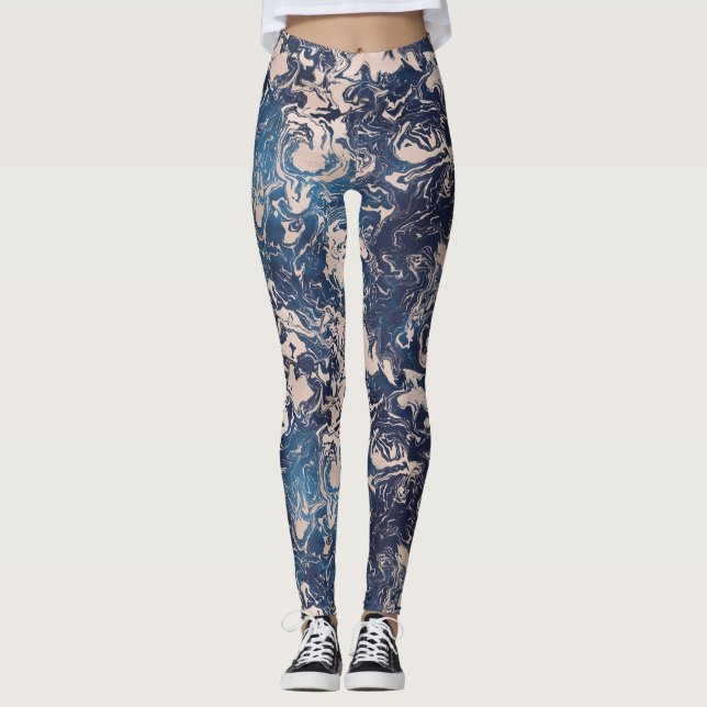 Leggings Elégant Indigo Motif en marbre bleu crème rose Yog (Devant)