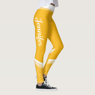 Leggings Élégant jaune foncé rayures blanches fleuries et n