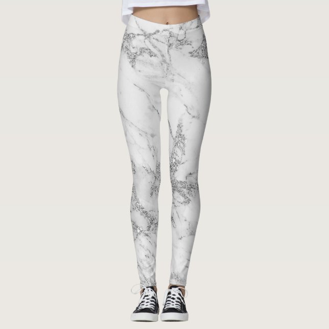 Leggings Elégant marbre blanc gris argenté parties scintill (Devant)