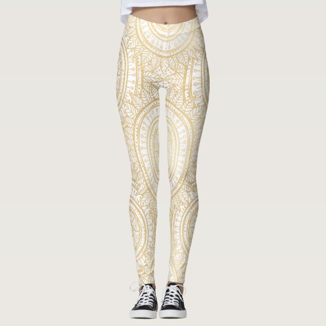 Leggings Élégant Motif blanc de tournesol Mandala Gold (Devant)