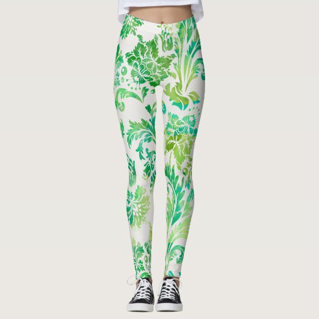 Leggings Élégant motif bleu, vert et jaune damassé (Devant)