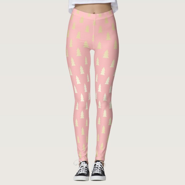 Leggings Élégant Motif d'arbre de Noël rose et or (Devant)