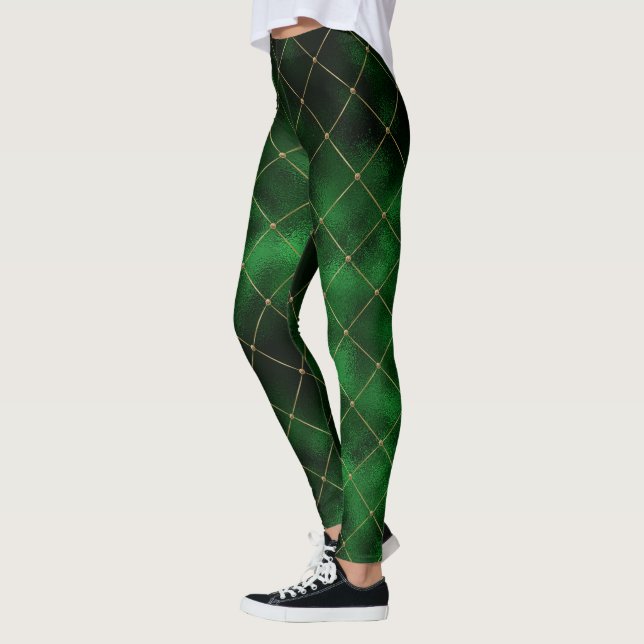 Leggings Élégant Motif de Carré de Diamant Vert Vert Or Mod (Gauche)