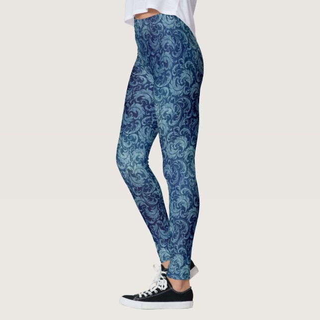 Leggings Elégant motif de Damas Vintage bleu (Gauche)