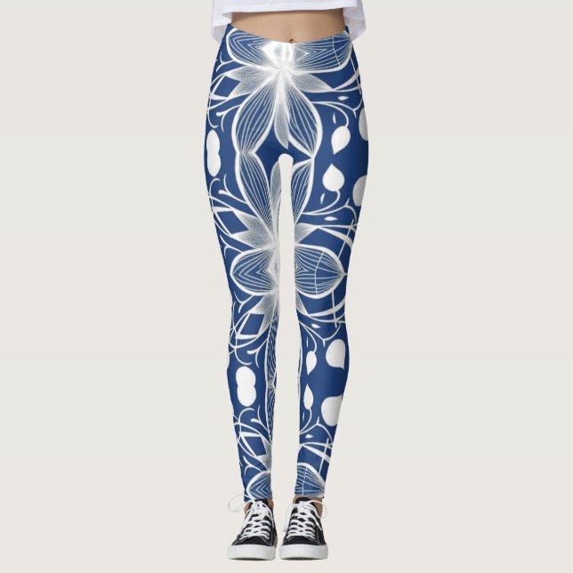 Leggings Elégant Motif en tissu blanc floral sur le bleu pr (Devant)