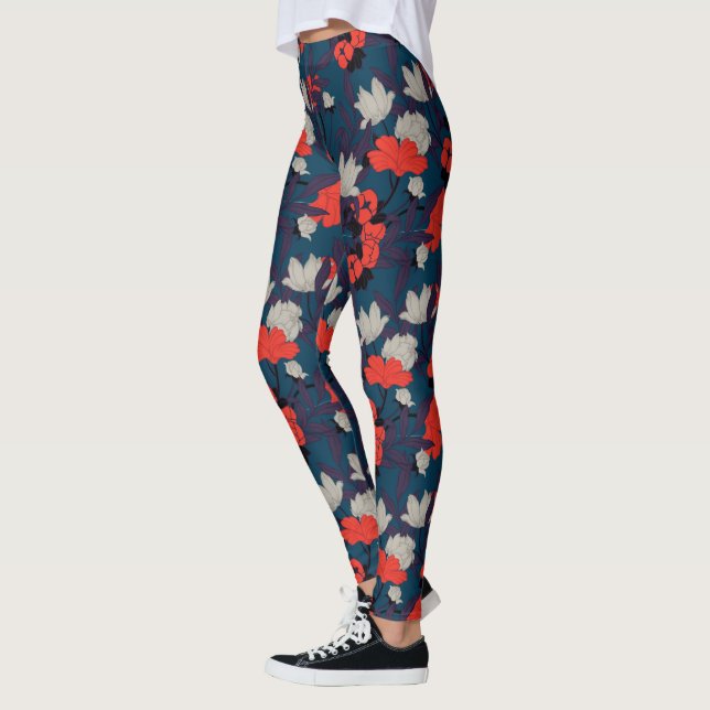 Leggings Élégant motif floral bleu et rouge (Gauche)