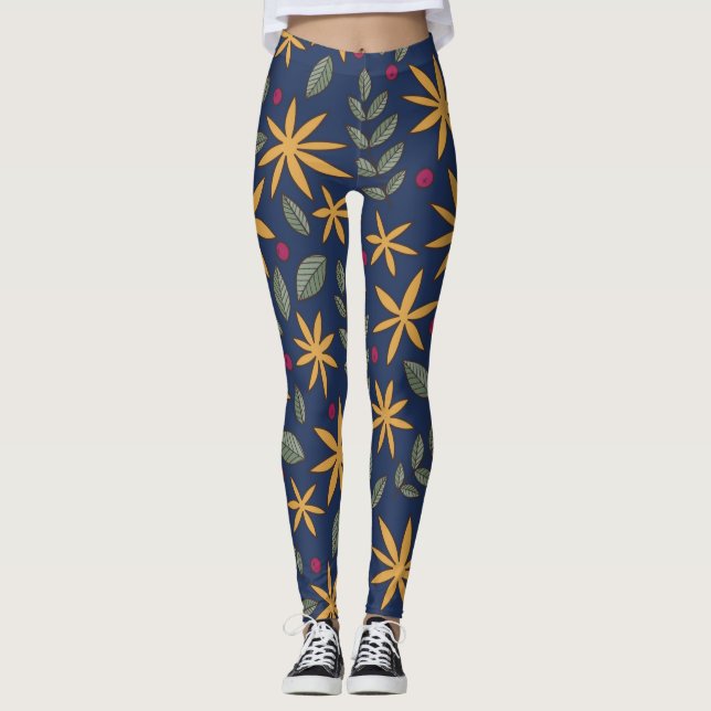 Leggings Elégant motif floral jaune sur bleu (Devant)