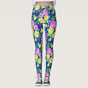 Leggings Élégant motif floral rose rose blush jaune