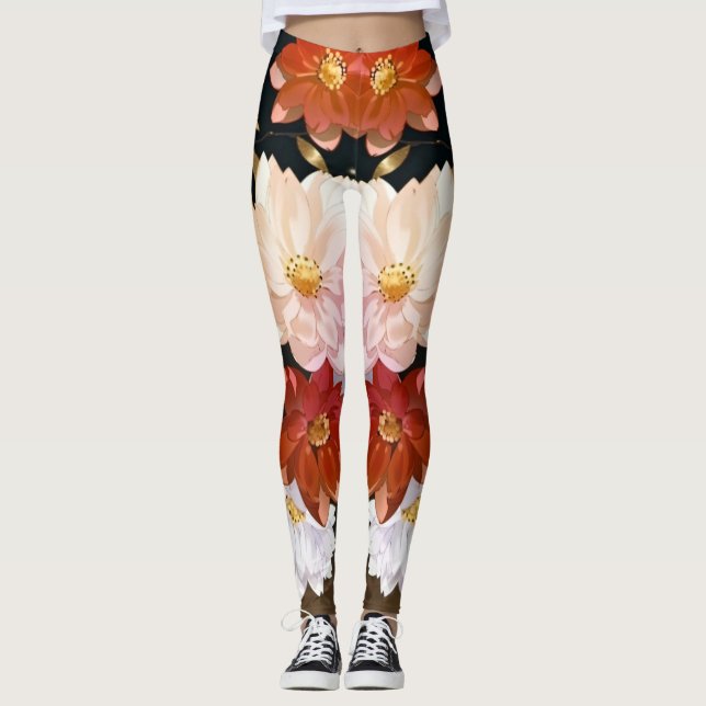 Leggings Elégant motif floral rouge blanc et rose (Devant)