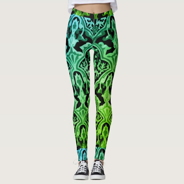 Leggings Élégant motif vert Damask (Devant)