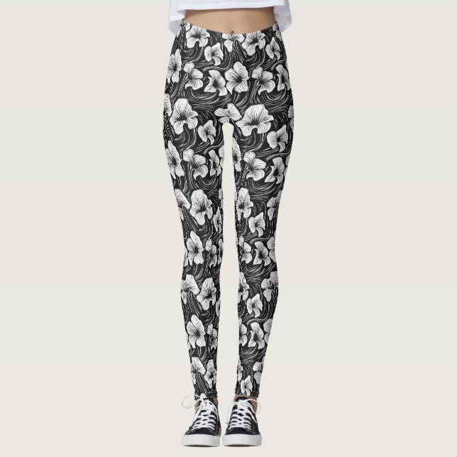 Leggings Élégant noir & blanc bio en forme de floral (Devant)