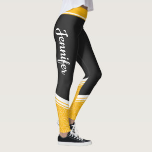 Leggings Élégant noir jaune floral blanc rayures et nom