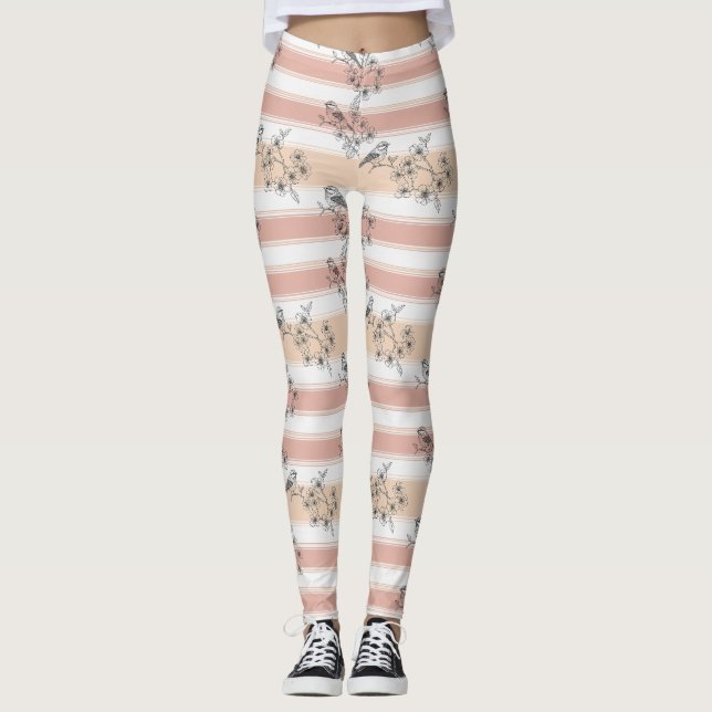 Leggings Élégant Oiseau Floral Rayure Pêche (5) (Devant)