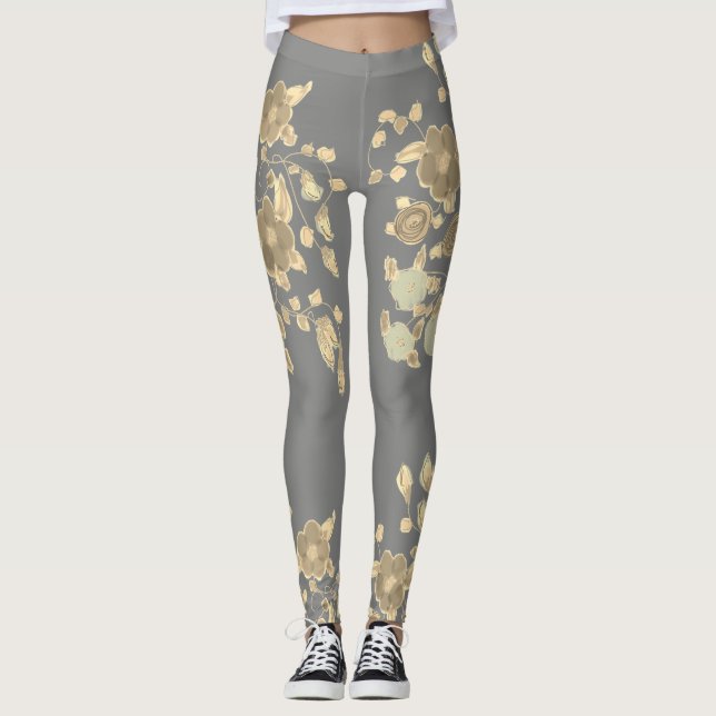 Leggings Élégant Pantalon de Yoga gris Fleurs (Devant)