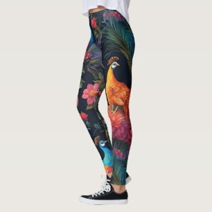 Leggings Elégant Peacock Bleu et Or dans Jardin coloré