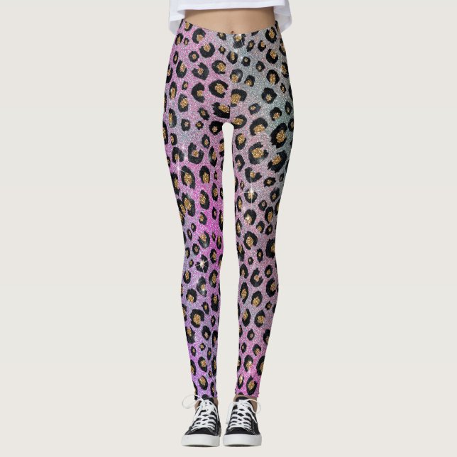 Leggings Elegant Pink Blue Gold Glitter Black Leopard (Devant)