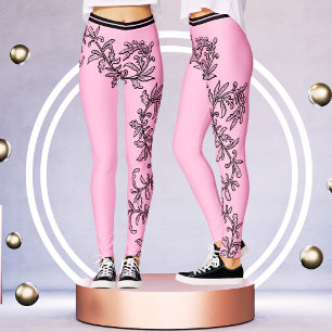 Leggings Élégant rose et noir victorien dentelle florale Cl