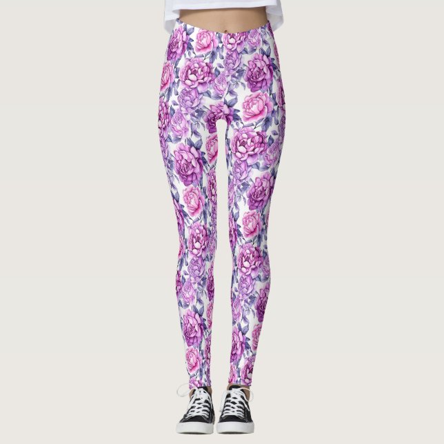 Leggings Élégant rose et violet floral (Devant)