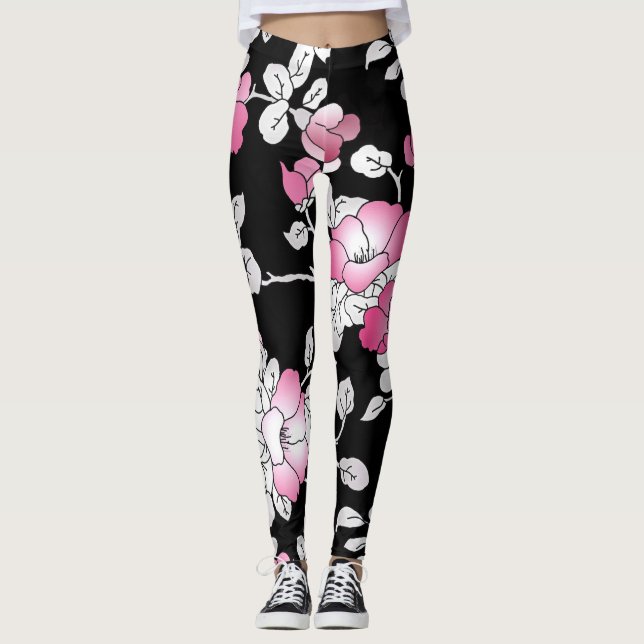 Leggings Élégant rose rose blanc noir floral (Devant)