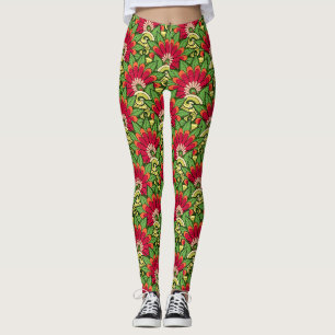 Leggings Elégant Rouge Orange Vert Fleurs Et Fleurs