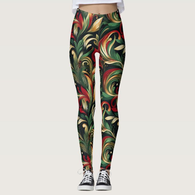 Leggings Élégant Rouge, Vert & Or Abstrait Feuilles de marg (Devant)