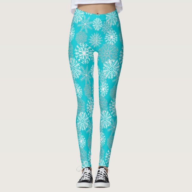 Leggings Élégant Snowflakes hiver Turquoise Noël de Noël (Devant)