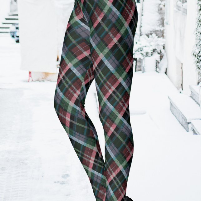 Leggings Élégant Tartan Rouge Vert Noir Motif Plaid (A trendy pair of women's leggings with tartan plaid pattern in dark colors)