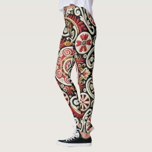Leggings Élégante brodée rouge et or pour femmes