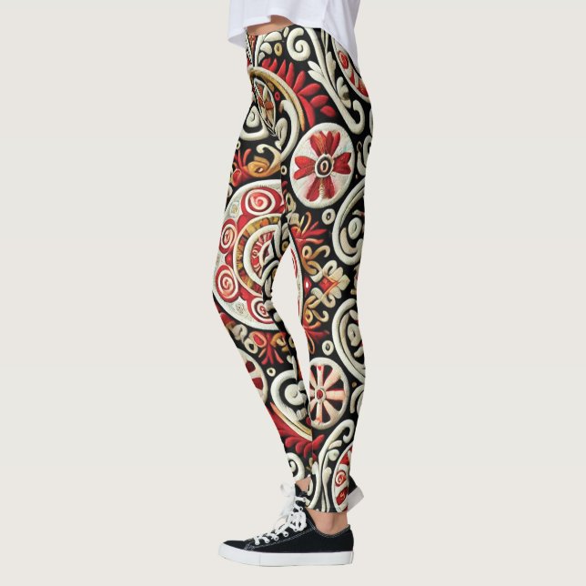 Leggings Élégante brodée rouge et or pour femmes (Gauche)