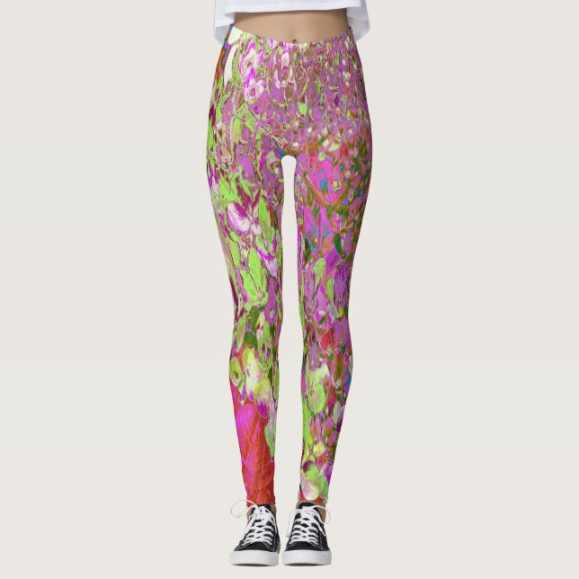 Leggings Élégante Chartreuse Vert, Rose et Bleu Hydrangée (Devant)