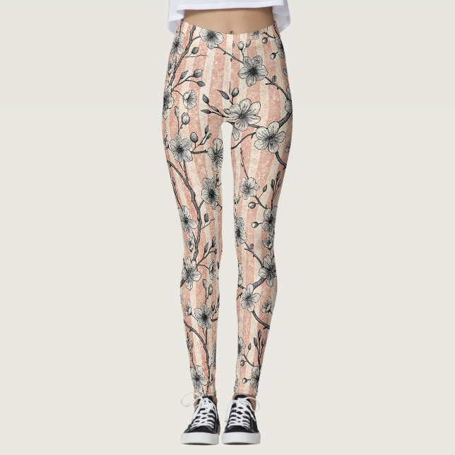 Leggings Elégante Fleur de Cerise Sakura - Rose & Blanc (Devant)